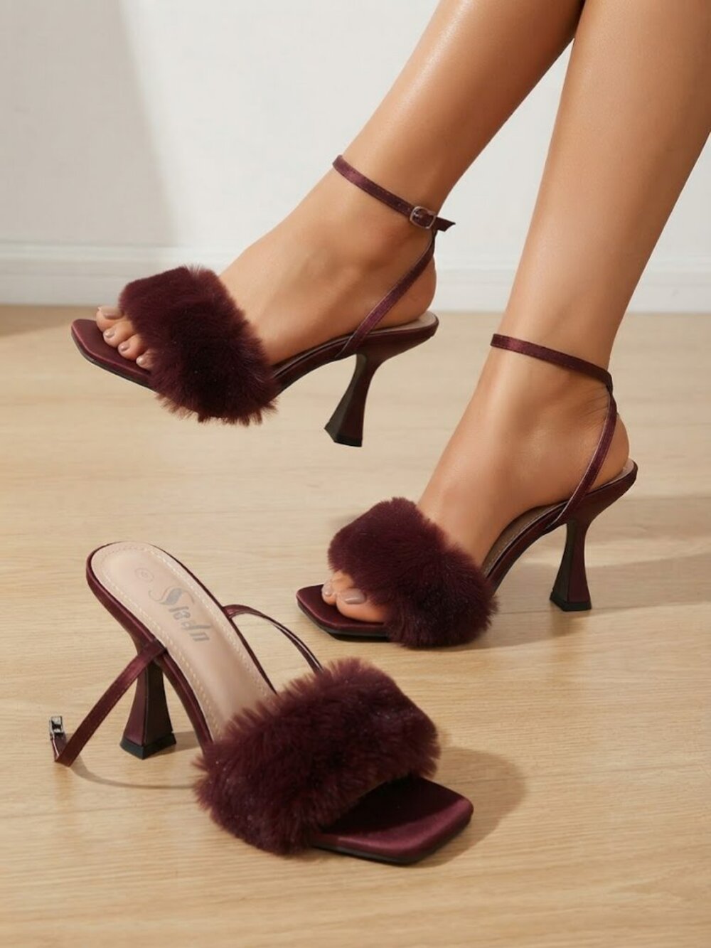 Burgundy Faux Fur Fuzzy Square Toe Ankle Strap Heels Sandals 8.5 Wine Red